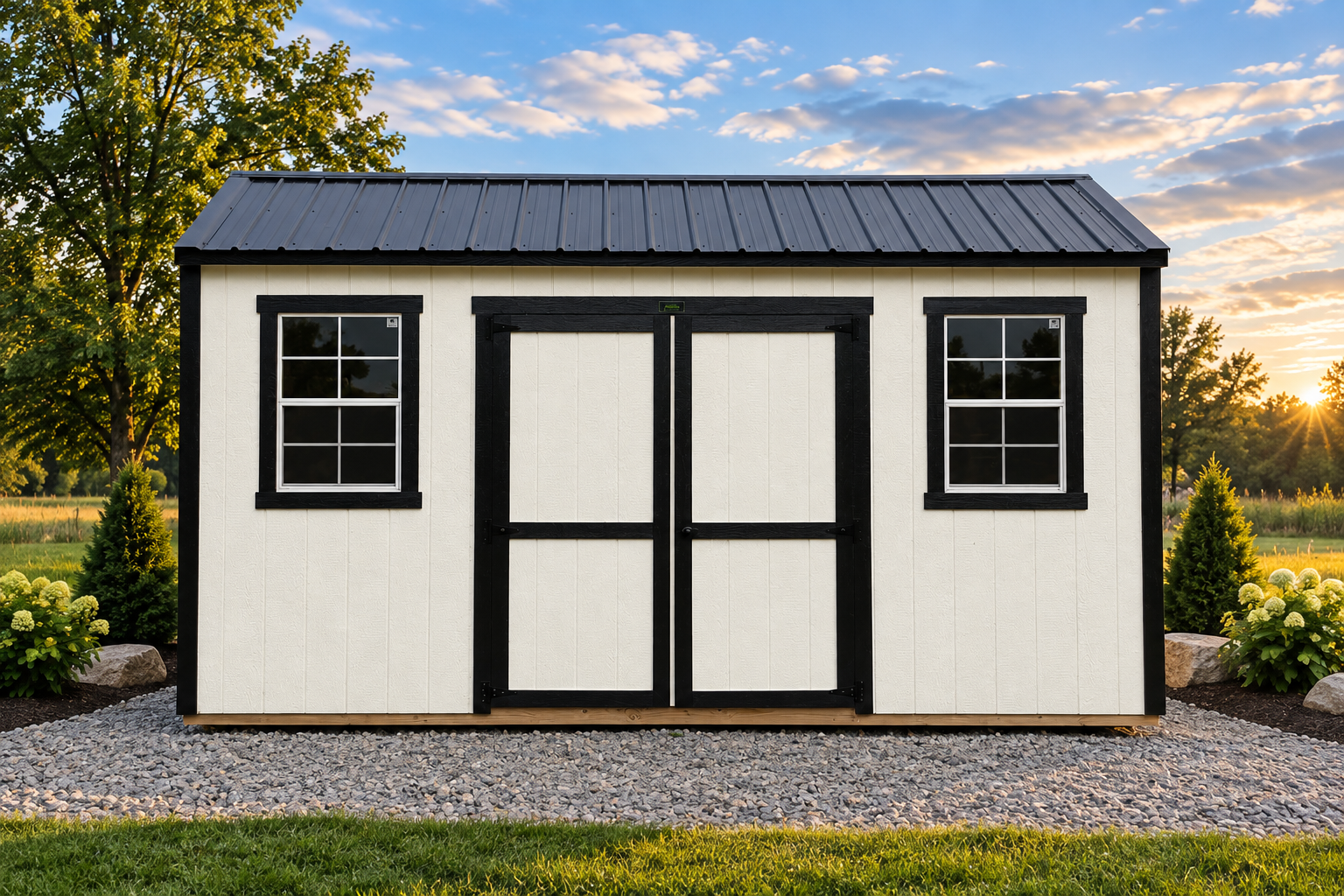 White Side Utility 10x16 — Exterior — white siding, black trim, black metal roof