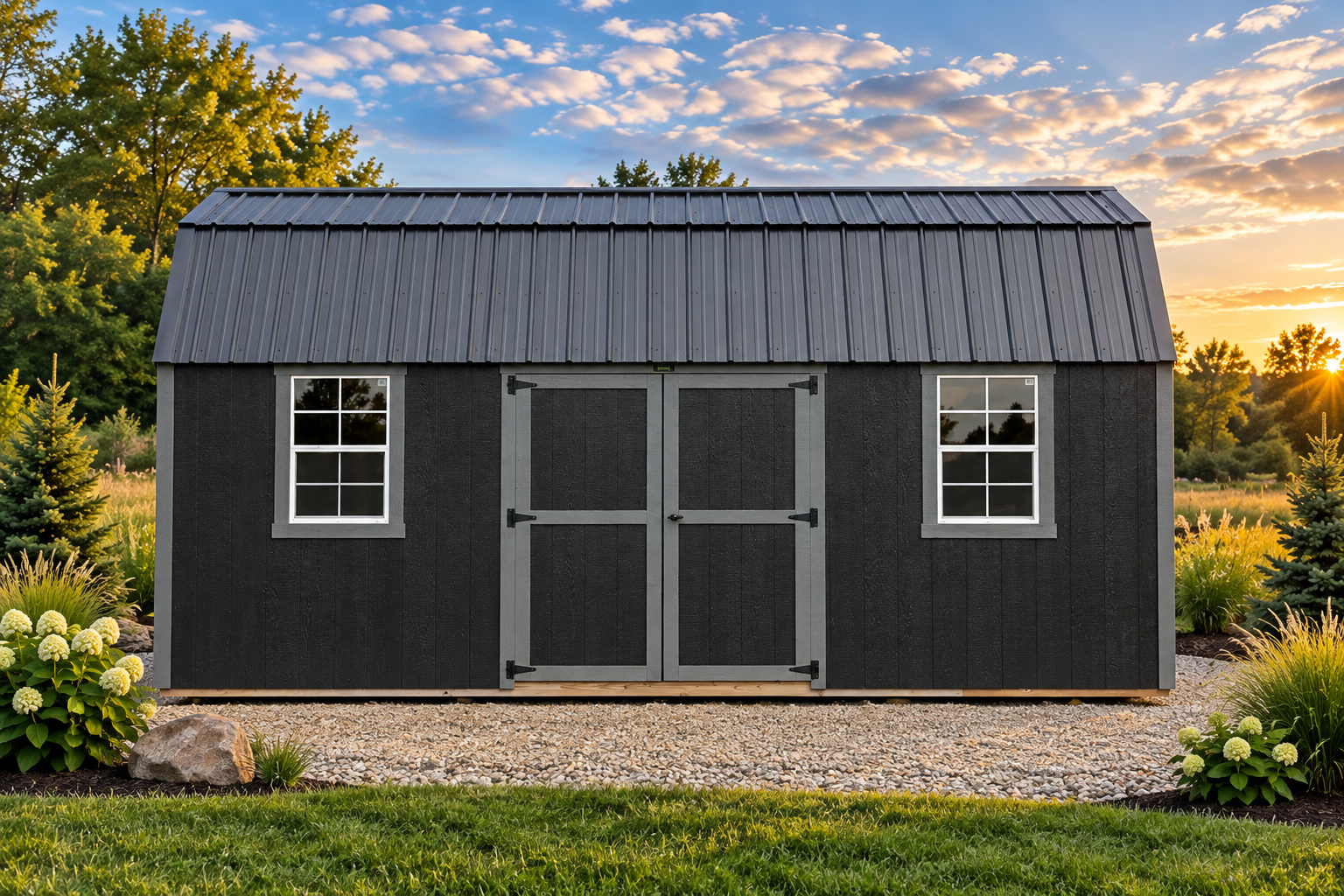 Black Lofted Barn 10x20 — Exterior — black siding, grey trim, black metal roof