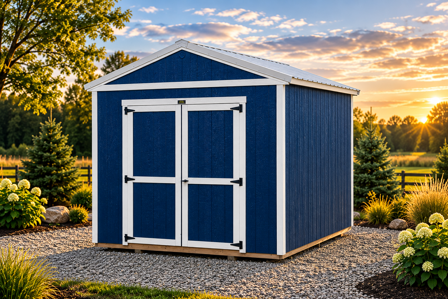 Navy Utility 10x12 — Exterior — navy siding, white trim, gray metal roof