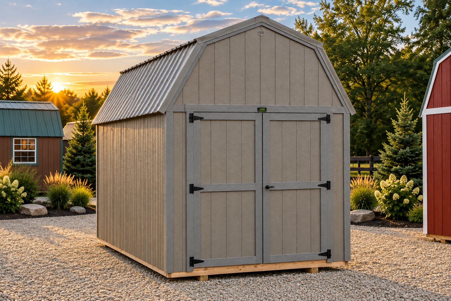 Grey Lofted Barn 8x16 — Exterior — grey siding, charcoal trim, charcoal metal roof