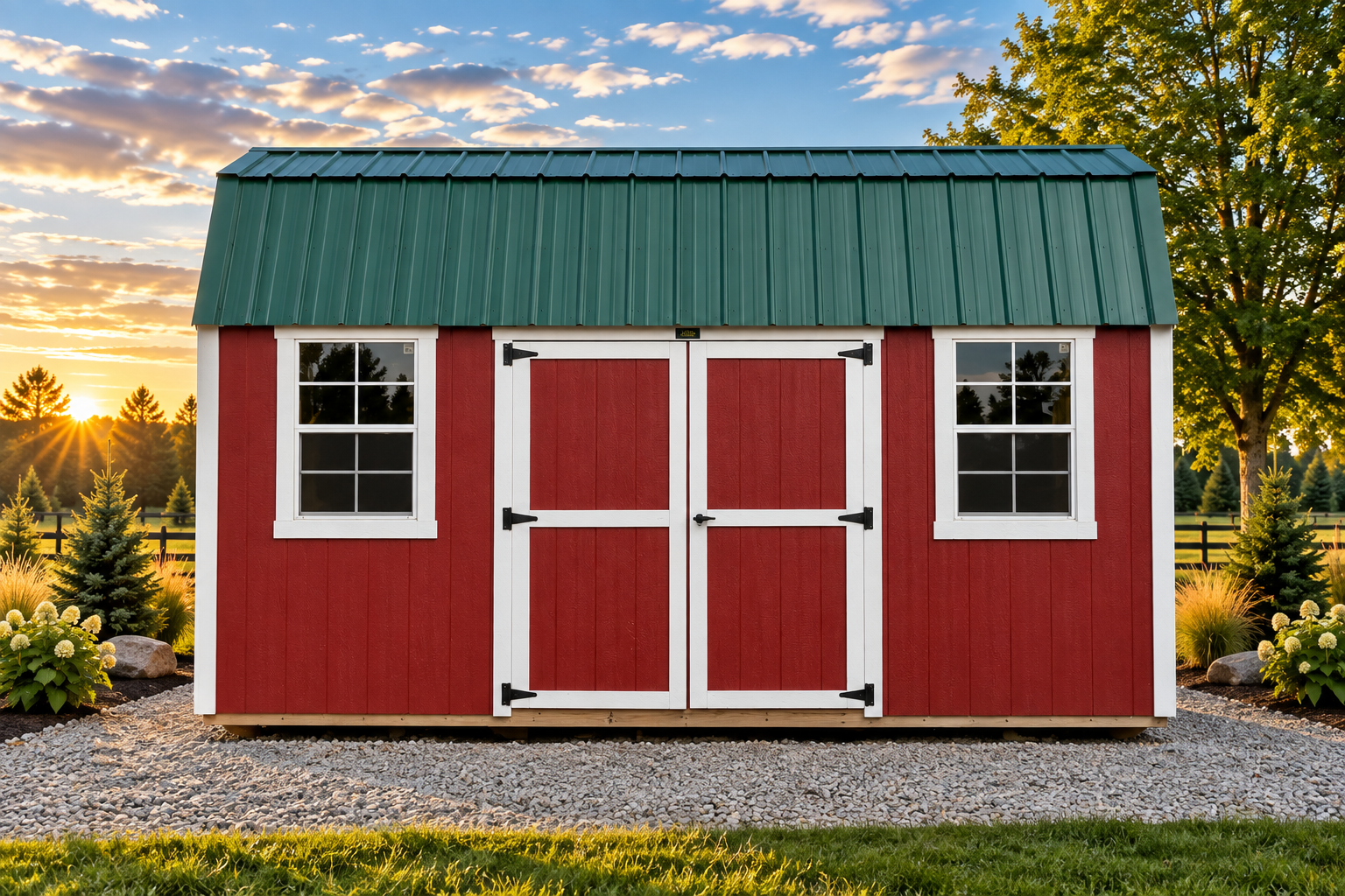 Red Side Lofted Barn 8x16 — Exterior — scarlet siding, white trim, green metal roof