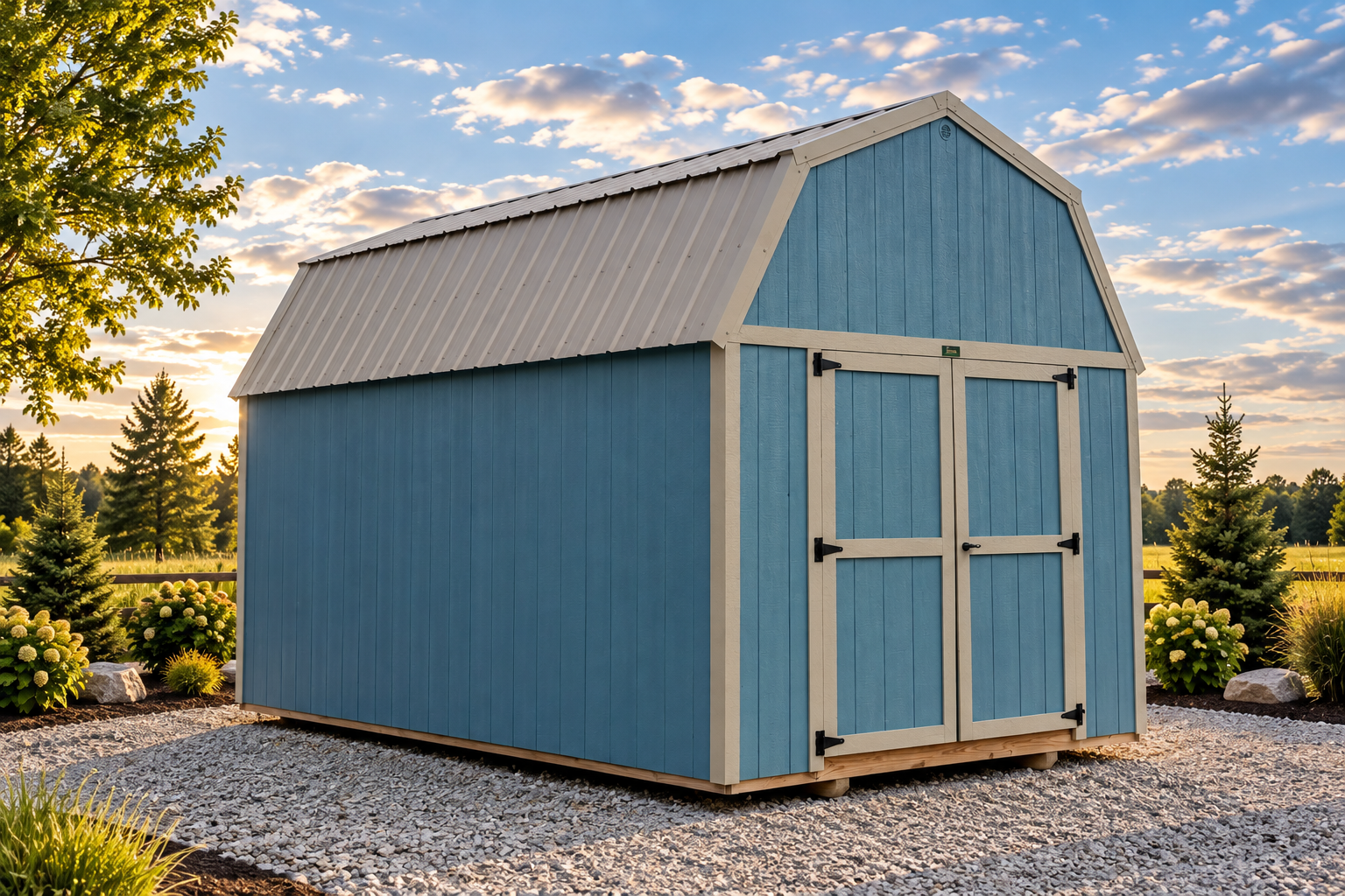 Light Blue Lofted Barn 10x16 — Exterior — light blue siding, clay trim and roof