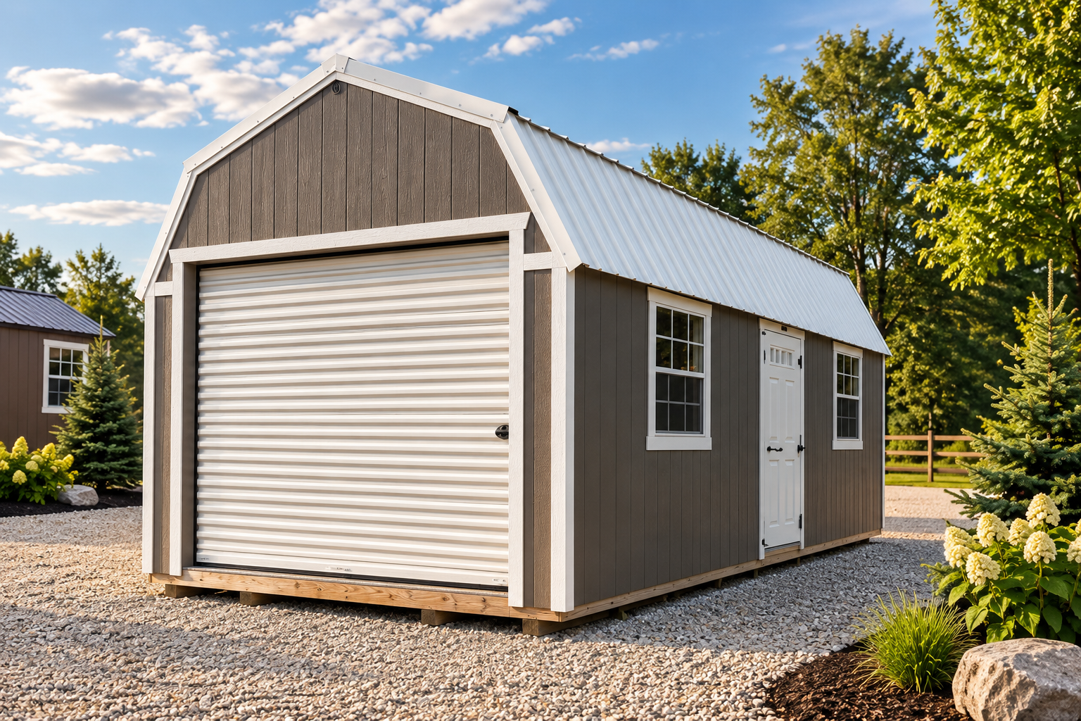 Grey Lofted Garage 12x24 — Exterior — grey siding, white trim, white metal roof, roll-up door